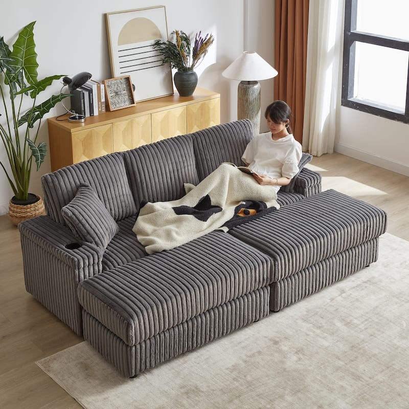 Roomfitters 84" Corduroy 3-Seater Sofa, Deep Seat Couch with 2 Ottomans, Storage, Cup Holders, 3 Back and 2 Toss Pillows