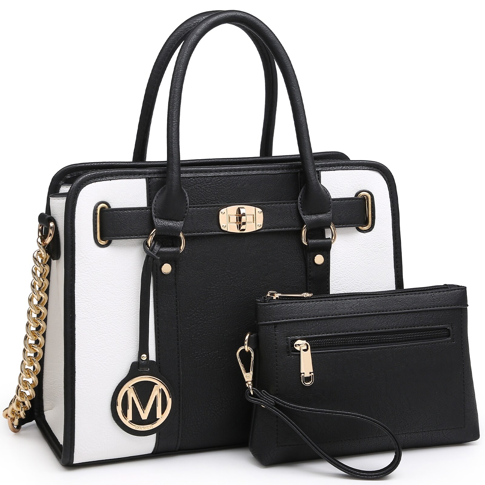 Women Fashion Two Tone ladies Top Handle Bag Purse Set 2pcs with Twist Lock