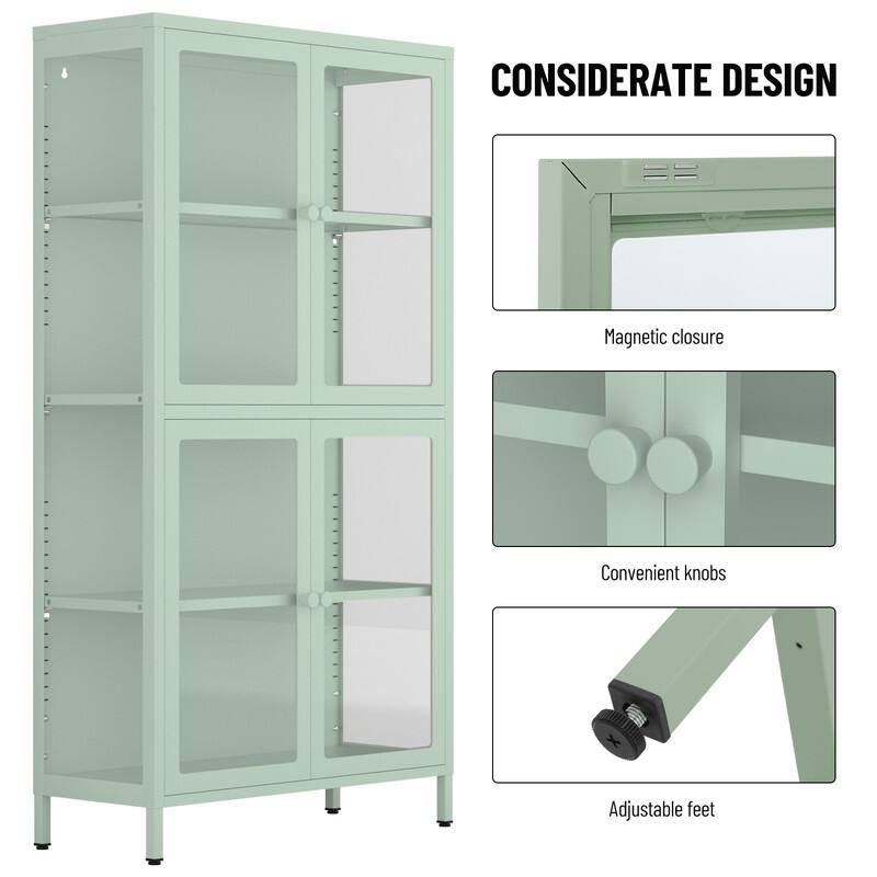Storage Cabinet with 4 Glass Doors, Modern Sideboard Cabinet with Adjustable Shelves & Steel Feet, Accent Cabinet for Kitchen