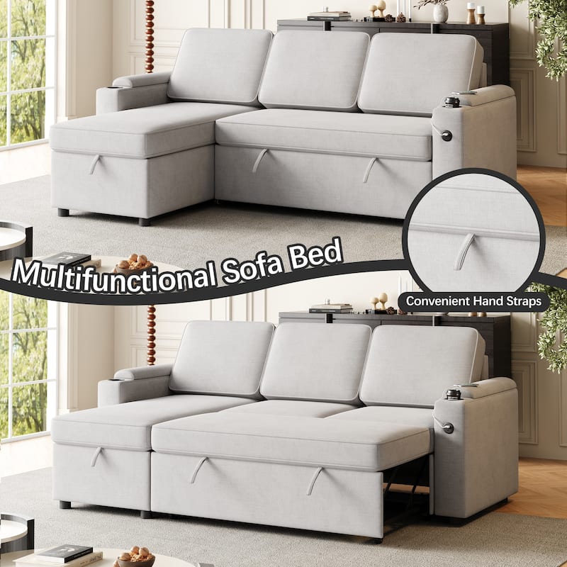 85.8-Inch Sleeper Sofa with Storage,L Shaped Sofa with Pull Out Bed and Charging Port 