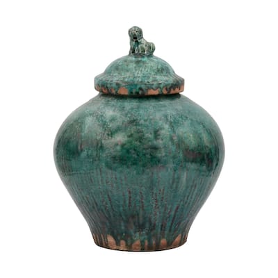 Vintage Emerald Green Porcelain Jar Lion Lid