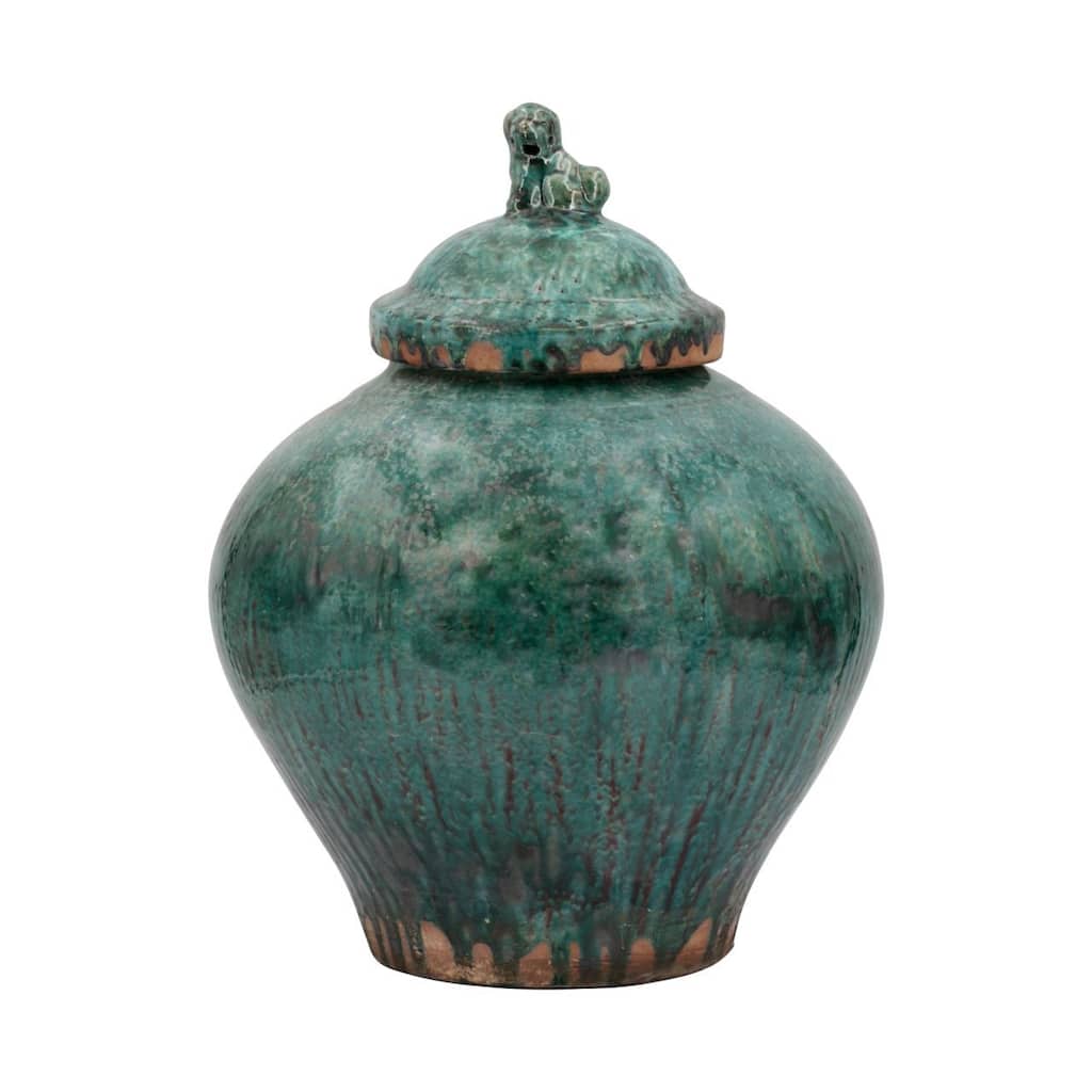 Vintage Emerald Green Porcelain Jar Lion Lid