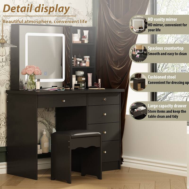Makeup Vanity Set with Stool and 3 Color Touching Mirror Dresser Table - 39.4"W
