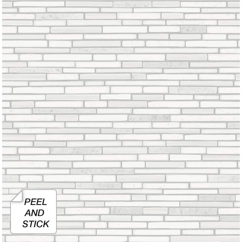 NextWall Faux Mosaic Strip Tile Peel and Stick Wallpaper - 20.5 in. W x 18 ft. L - Metallic Pearl & Gray
