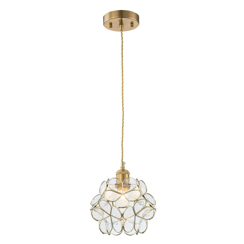 Rennnsan 1-Light Mid-Century Brass Glass Flower Pendant Light Vintage Floral Ceiling Light for Dining Room Kitchen Island