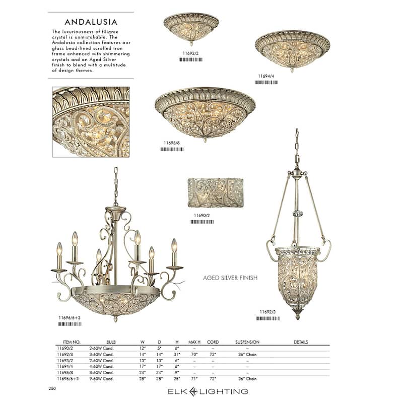 Andalusia 34-inch Wide 6-Light Vanity Light in Aged Silver - 34