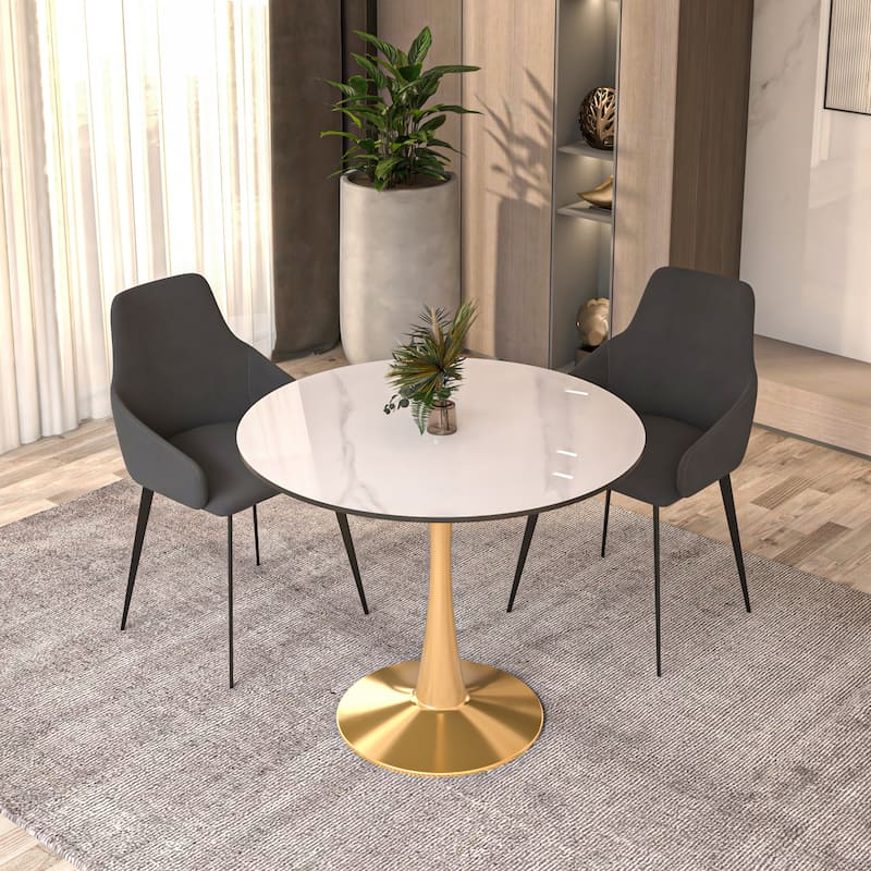 Bristol 31" Round Dining Table for 4 with Sintered Stone Tabletop in Gold Steel Base for Kitchen & Dining Room