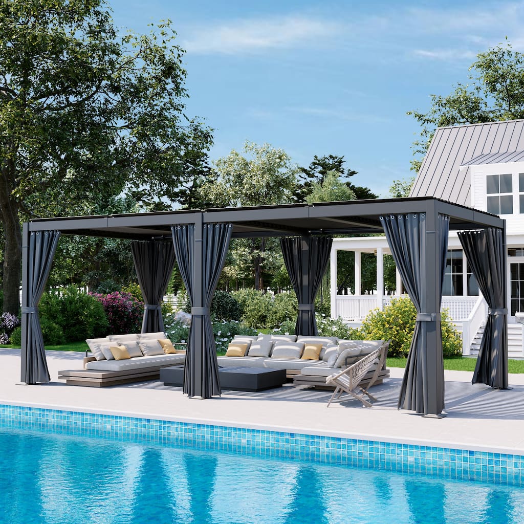 10 ft. x 20 ft. Aluminum Louvered Pergola with Adjustable Roof and Curtains