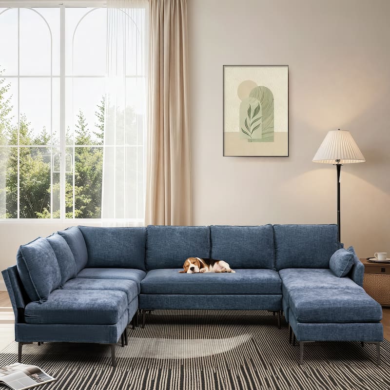 Modern Chenille Sectional Sofa with Reversible Chaise and Ottoman, Perfect for Living Rooms with Sleeper Function - Blue - Reversible