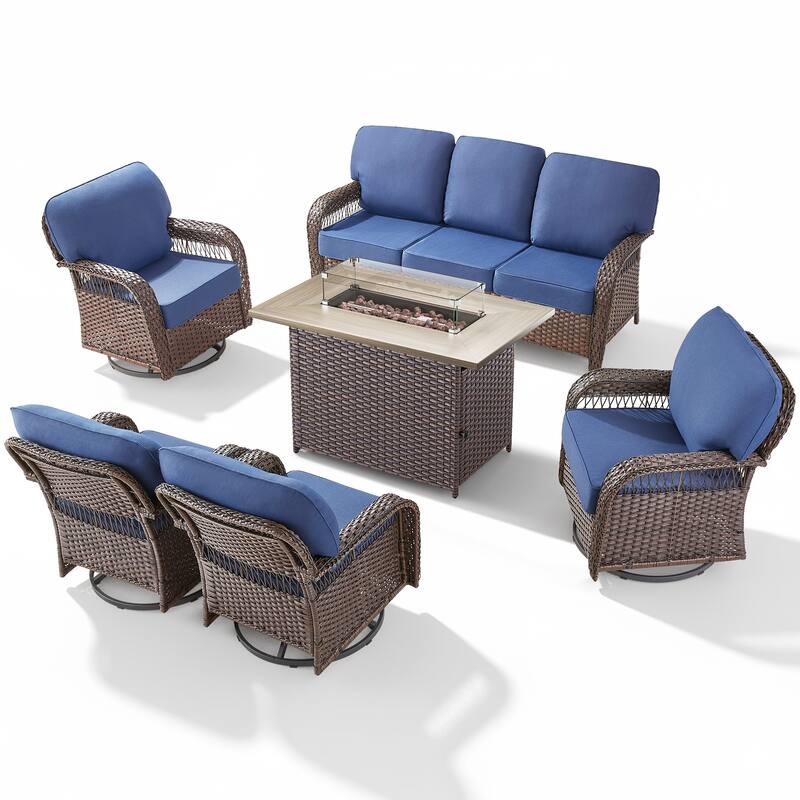 Pocassy Patio Sofa Ottoman Swivel Chair Table with Fire Table Set.