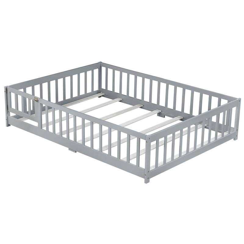 Twin/Full/Queen Size Floor Bed with Fence Guardrails and Door, Rubber Wood Toddler Bed Montessori Bed with Slats Support