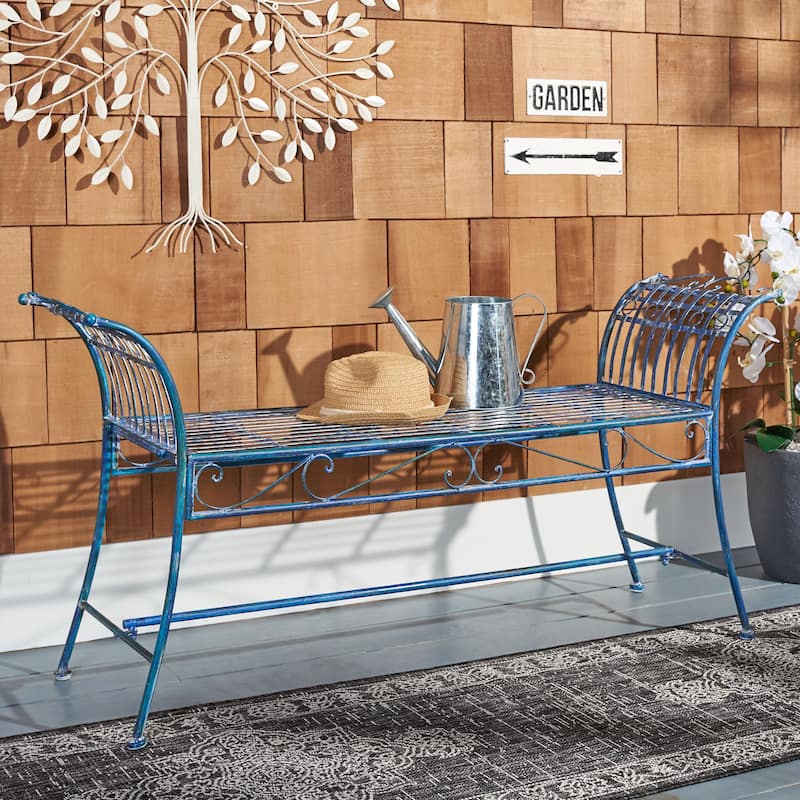 SAFAVIEH Outdoor Aniyah Victorian Iron Bench - 56Wx16Dx27H - Antique Blue
