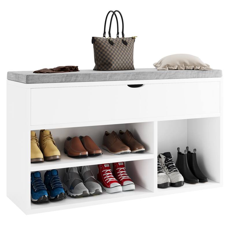Shoe Storage Bench with a Cushioned Seat and 2 Tiers of Shelves