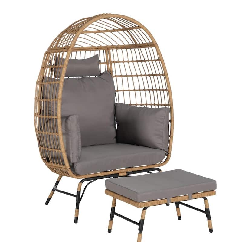 Outdoor Oversized Wicker Rattan Egg Chair with Ottoman and Thick Cushions for Porch