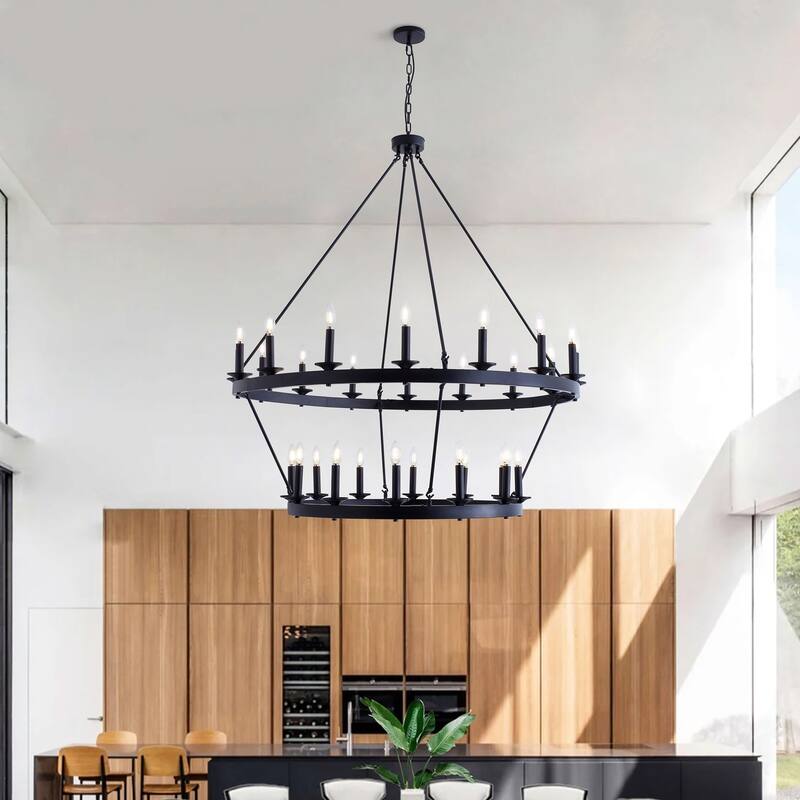 Black 28-Light Wagon Wheel Industrial 2-Tier Candle Style Chandelier