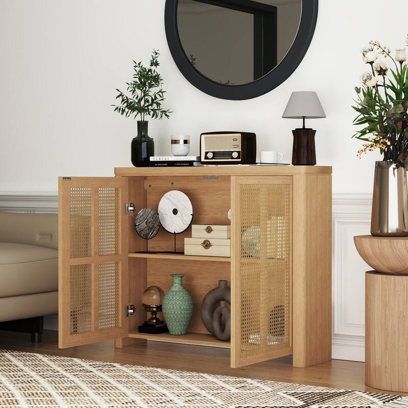 Mid Century Modern 63" Wide 2 - Cane Rattan Door Storage Sideboard, Retro Wine Bar Credenza for Living Room Entryway Kitchen