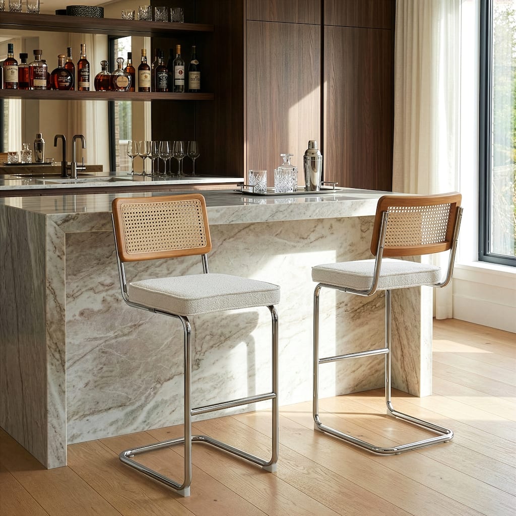 Set of 2 Ayo White Fabric Bar Stool with Rattan Backrest and Silver Steel Legs