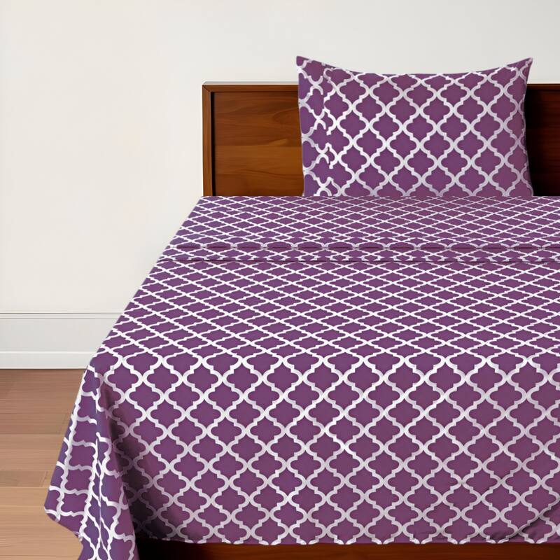 Three Piece Purple and White Quatrefoil Microfiber Twin Sheet Set - Purple and White - Twin