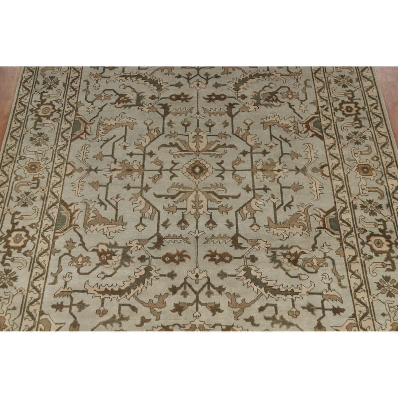 Earth Tone Oushak Area Rug Hand-Knotted Floral Beige Wool Carpet - 9'3" x 12'1"