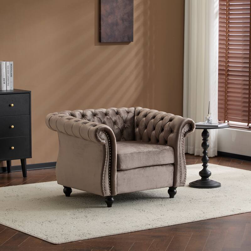 Roomfitters Tufted Club Chair with Deep Button Upholstery, Rolled Arm Design and Metal Stud Trim, Light Brown - Black,Dark Brown