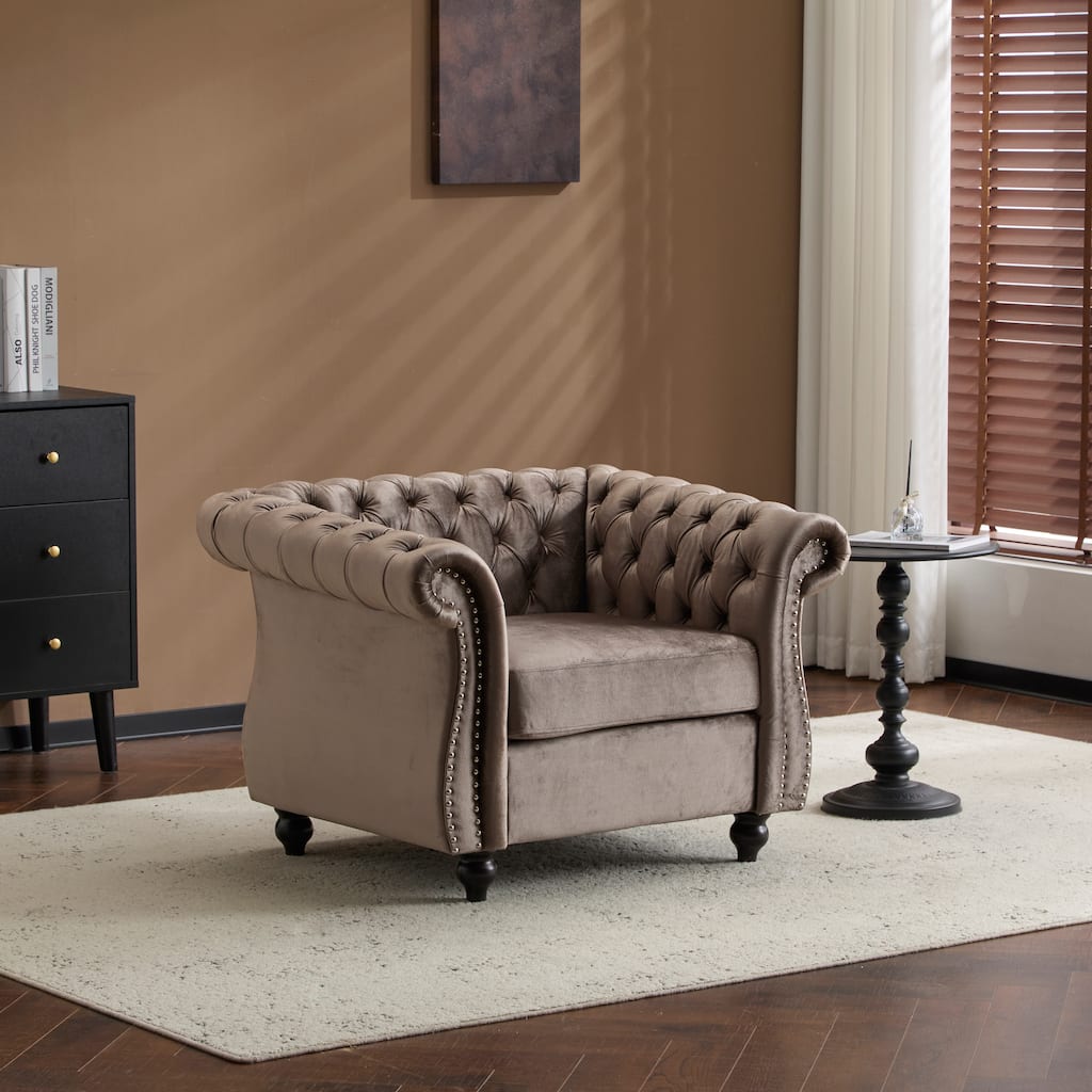 Roomfitters Tufted Club Chair with Deep Button Upholstery, Rolled Arm Design and Metal Stud Trim, Light Brown
