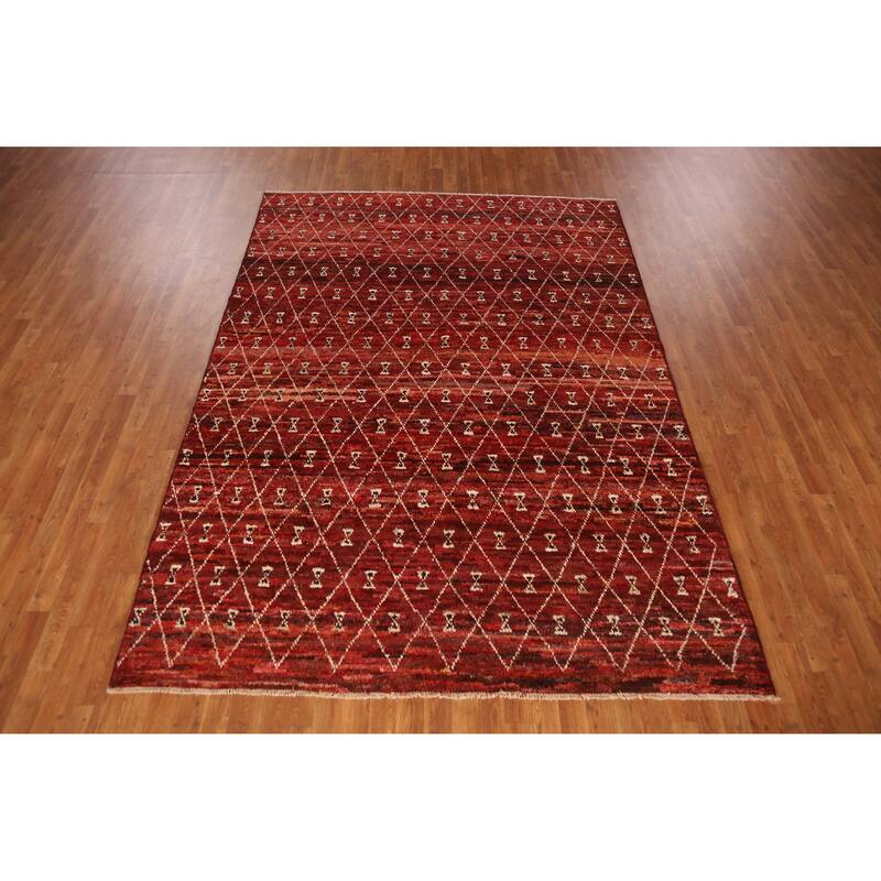 Trellis Moroccan Oriental Area Rug Hand-Knotted Red Wool Carpet - 6'10" x 9'6"