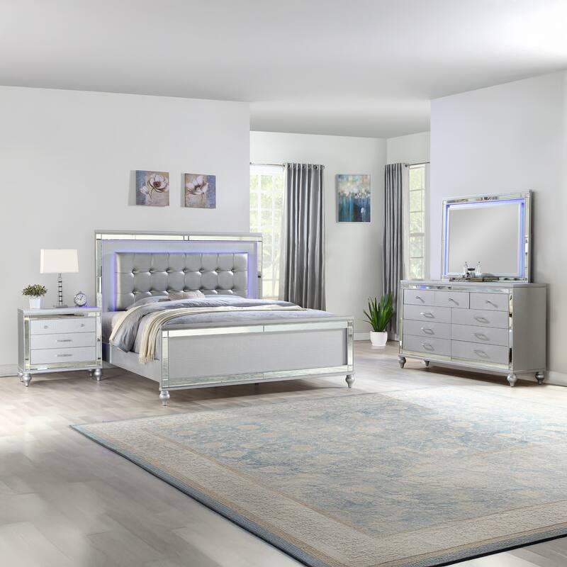 Sterling 4PC/5PC Contemporary Bedroom Set with Mirror Accents and LED Enhancements - Silver - King - 4 Piece