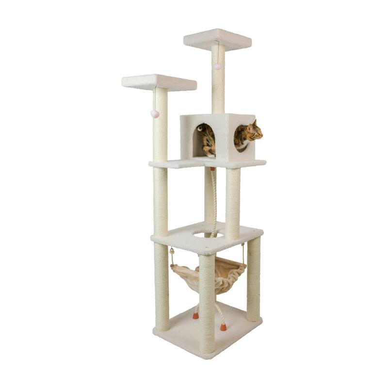 Classic Real Wood Cat Tree In Ivory, Four Levels With Rope Swing - Ivory