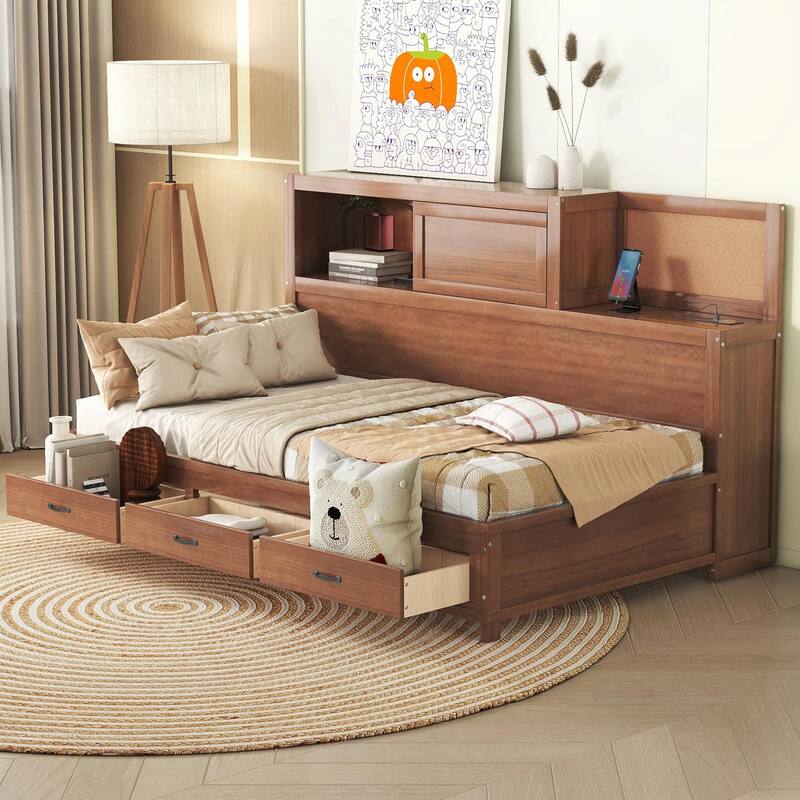 Wooden Daybed with Storage Drawers, Soft Board, Shelf, Sockets, USB Ports