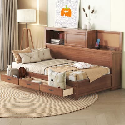 Wooden Daybed with Storage Drawers, Soft Board, Shelf, Sockets, USB Ports
