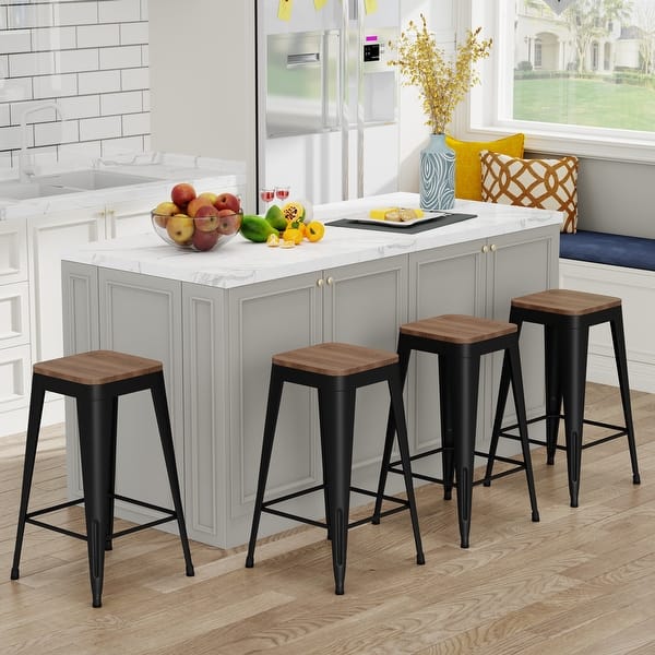 slide 2 of 24, Bar Stools Set of 4 Stackable Metal Bar Stools Industrial Counter Height Stools Backless Barstools with Wooden Seats Black - Bar Height