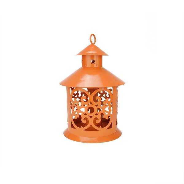 8" Shiny Orange Votive or Tealight Candle Holder Lantern with Star and Scroll Cutouts