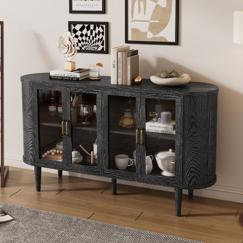 Anmytek Curved Glass Door Sideboard with Gold Handles Dark Wood Farmhouse Buffet Console