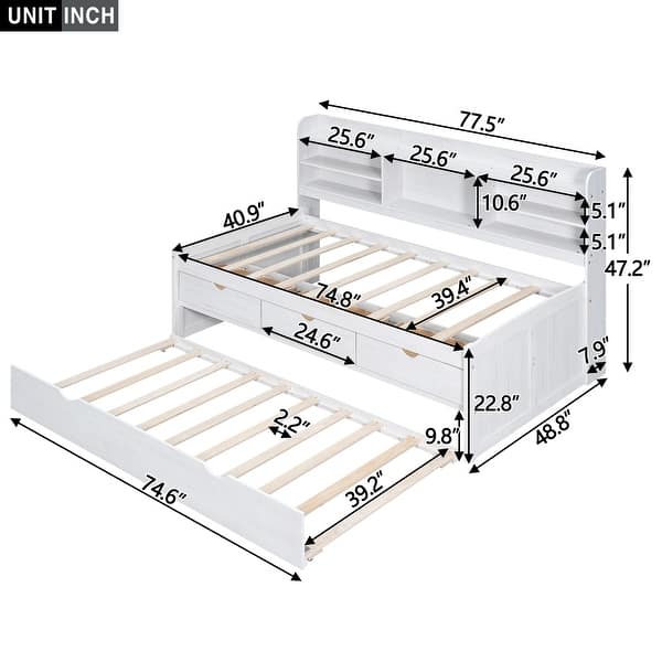 Twin Captain Bed with Bookshelves, Drawers & Trundle, White Wash - Easy Assembly