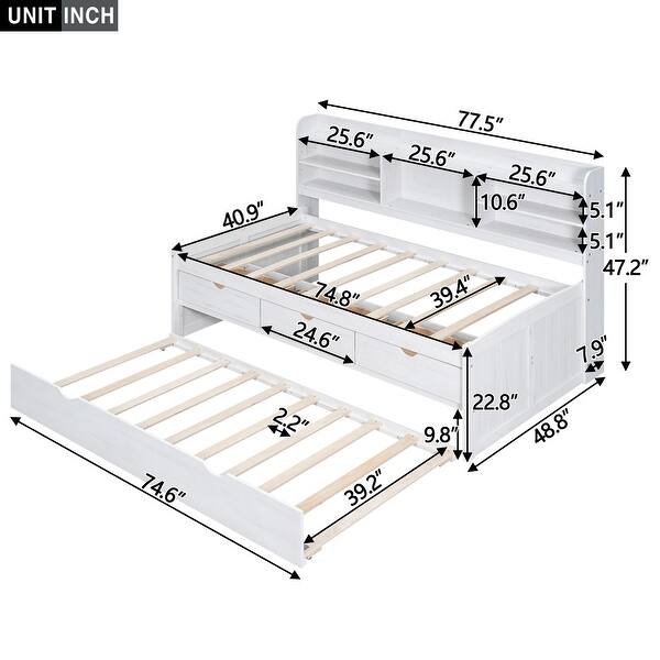 dimension image slide 1 of 3, Twin Size Wooden Captain Bed with Trundle, Built-in Bookcase, and 3 Spacious Drawers, No Box Spring Needed, Easy Assembly