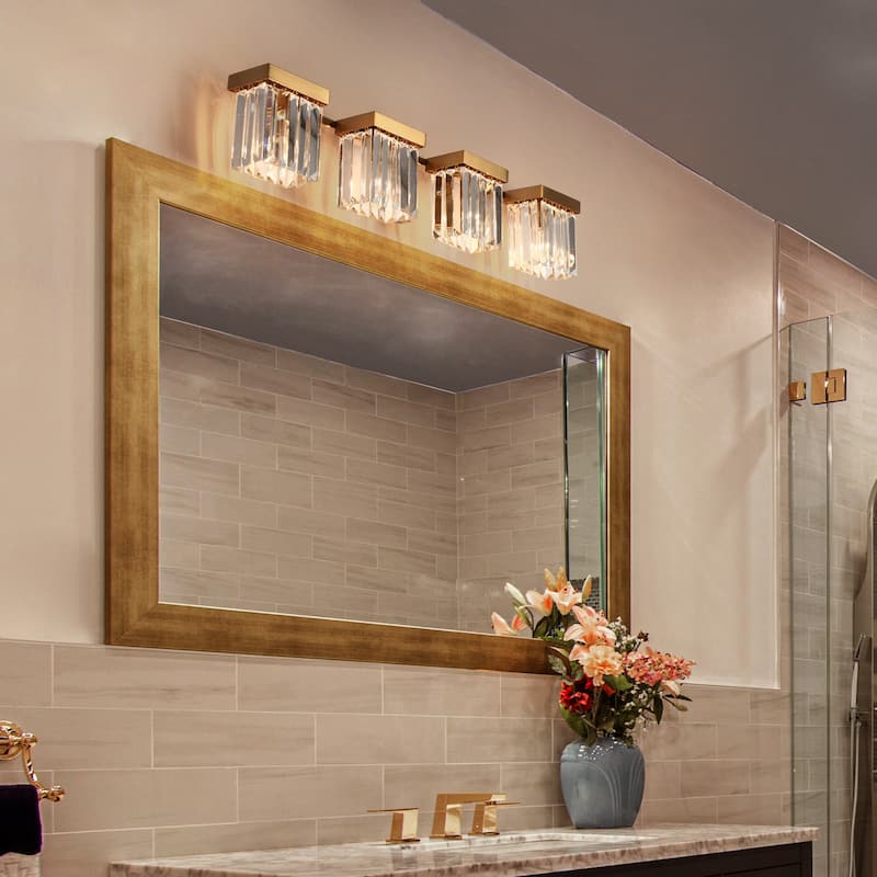 Diore Modern 4-Light Crystal Bathroom Vanity Light Gold Linear Wall Sconce - Brass Gold - L31.5"*W5.7"*H5.9"