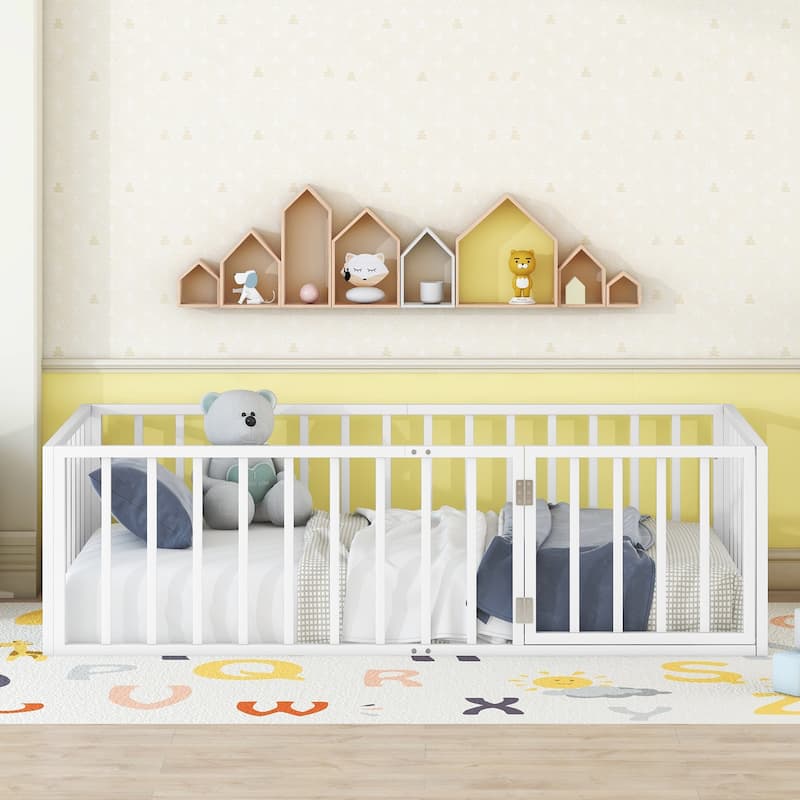 Twin Size Metal Floor Bed Frame with Fence and Door for Kids, Boys and Girls, Bedroom