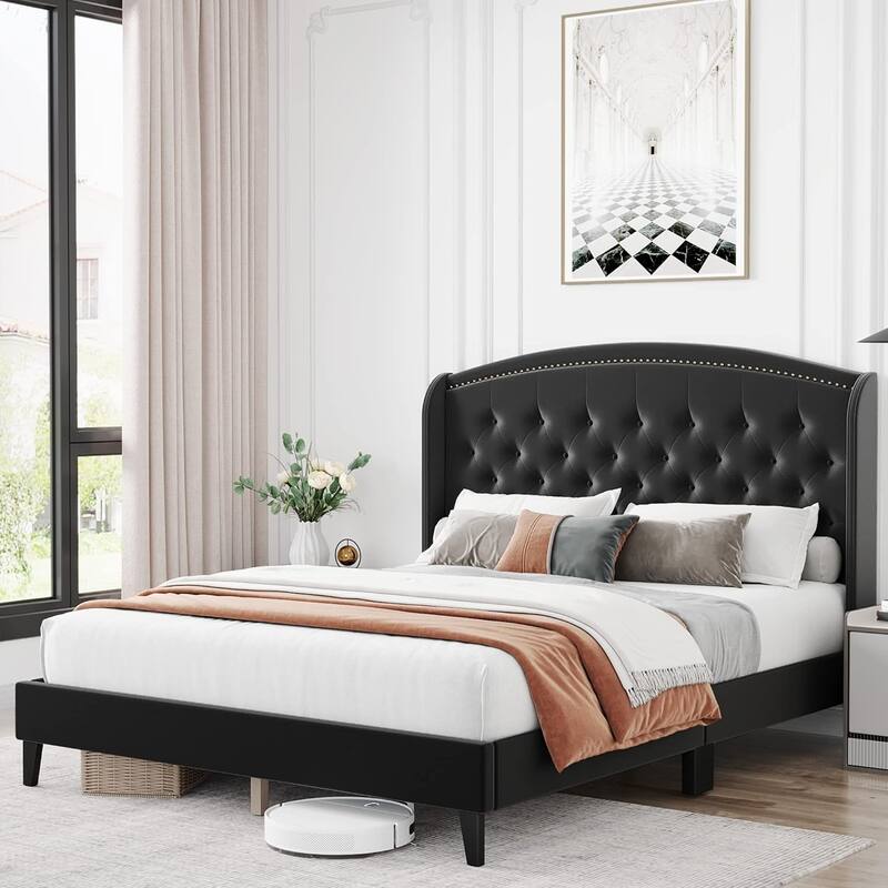 Platform Bed Frame Full with Upholstered Wingback Headboard