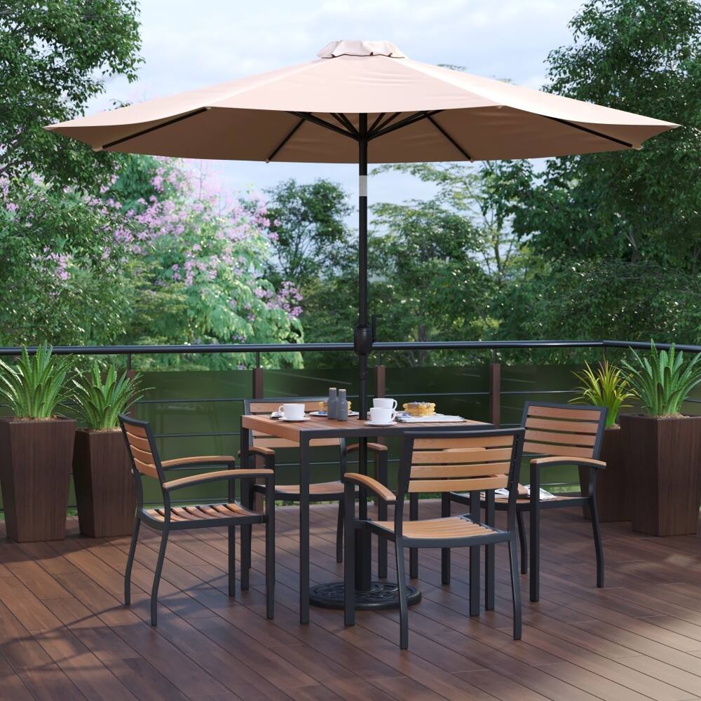 35" Square Faux Teak Patio Table, 4 Chairs and 9FT Patio Umbrella with Base - 35.25"W x 35.25"D x 29.5"H