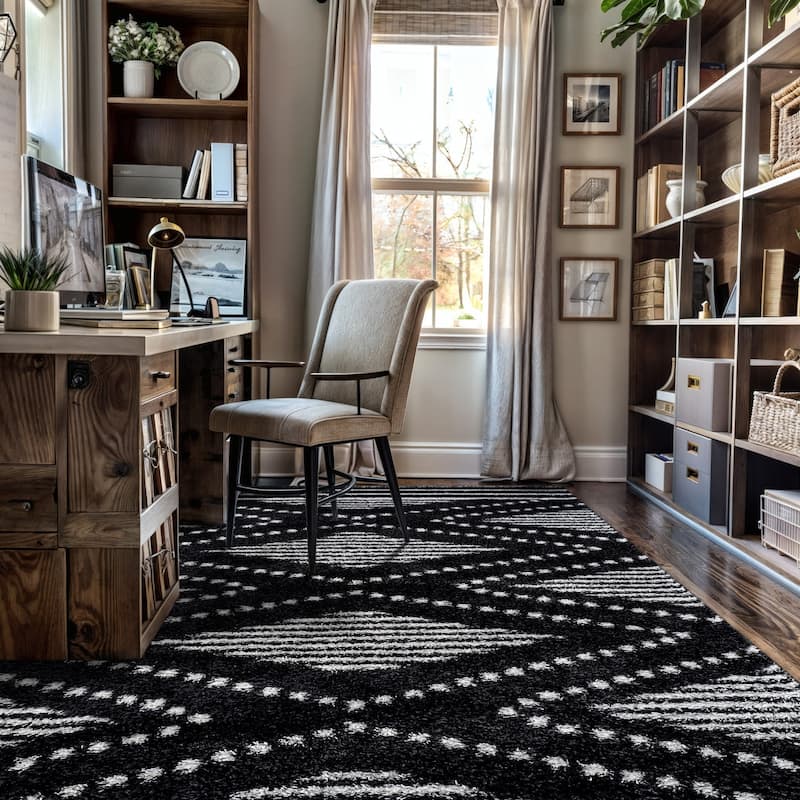 Geometric Shag Area Rug - Durable for Living Room, Bedroom - Polyester with Jute Backing - Anthracite Dark Gray and White