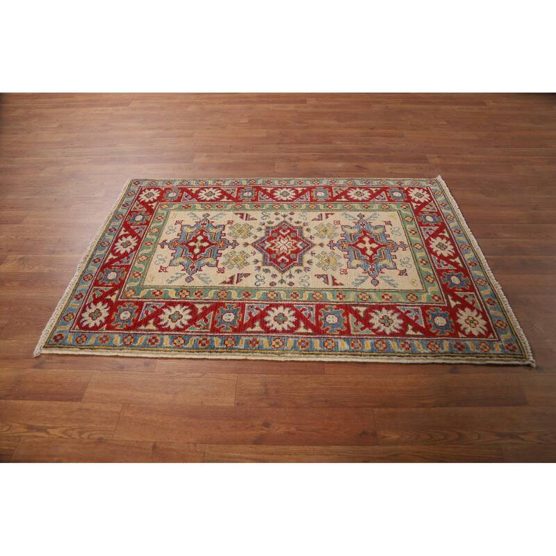 Geometric Kazak Foyer Rug Hand-Knotted Beige Wool Carpet - 2'9"x 3'11"
