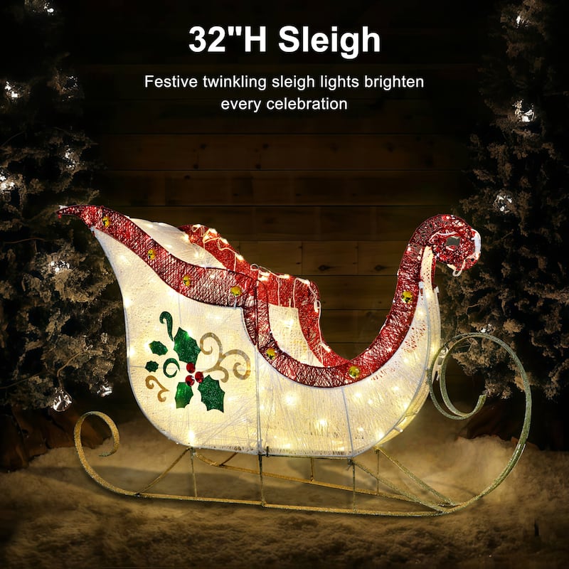 Puleo International 32" Pre-Lit Outdoor Sleigh Christmas Holiday Decor with 120 Warm White Twinkling LED Lights