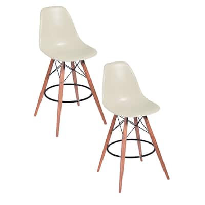 30 Inch Barstool Chair Set of 2, Rounded Silhouette, Brown Wood Legs
