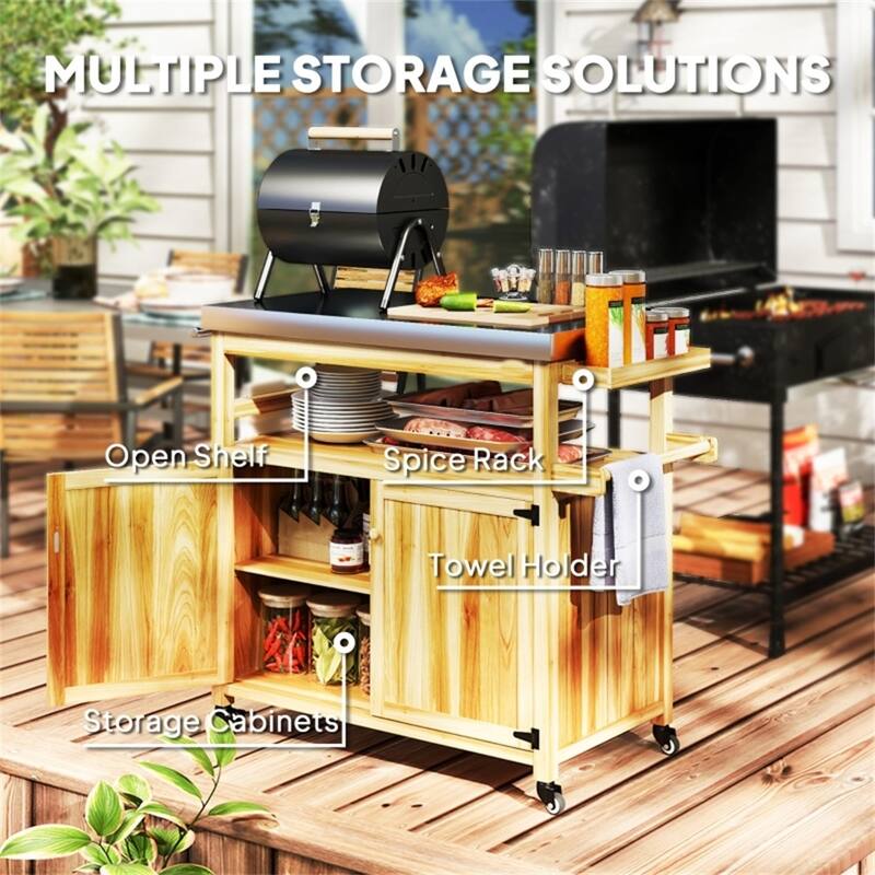Natural Wood and Stainless Steel Grill Cart with Cabinets, Spice Rack, Towel Holder, and Swivel Casters