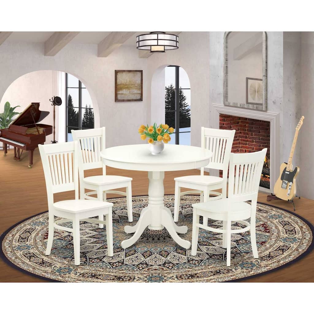 HomeStock 5-Piece Linen White Finish Solid Wood Top Dining table with 4 Chairs with Slat Back