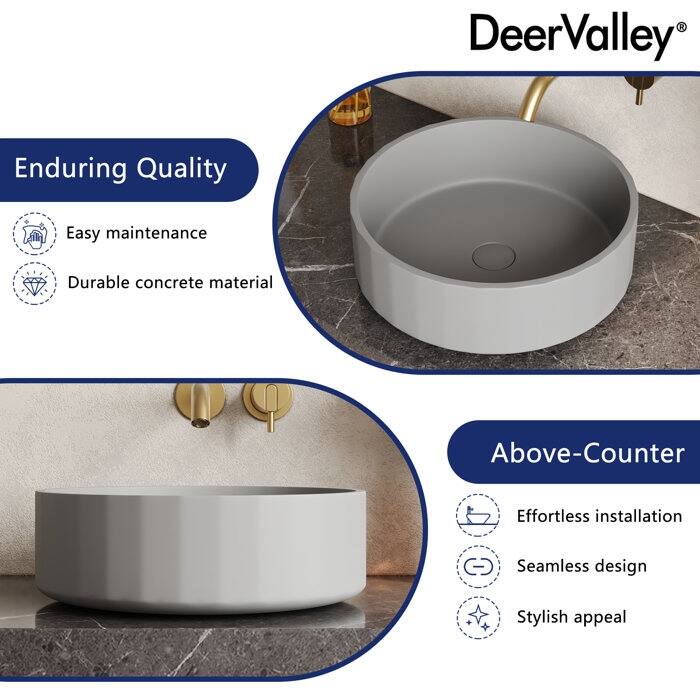 DeerValley 17" Bathroom Vessel Sink, Concrete Light Gray Vessel Sink, Round Above Counter Bathroom Sink