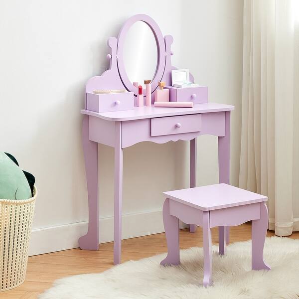 slide 2 of 12, Kids Vanity Set with Mirror & Stool, Wooden Princess Makeup Dressing Table with Drawers for Girls Ages 4-9 - N/A