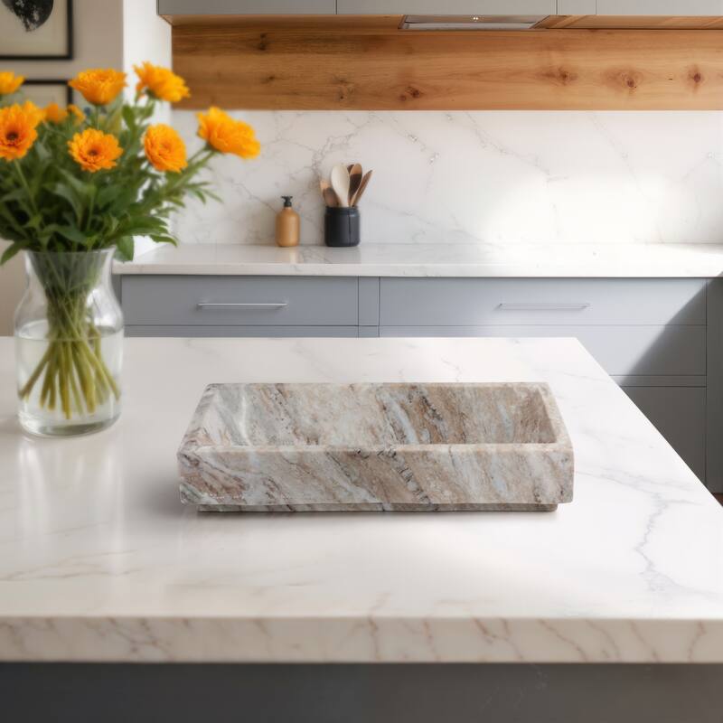 Rectangular Stone Marble Decorative Tray Glam Modern Style - 3" Brown - 16" x 8" x 3"