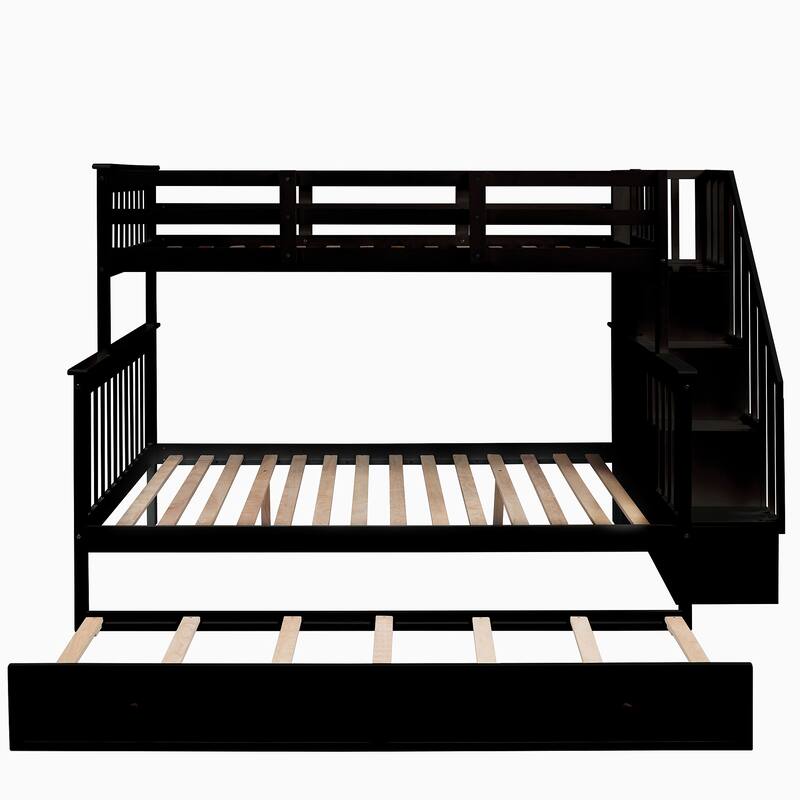 Twin Over Full Size Wood Bunk Bed with Twin size Trundle, Stairway, Storage and Guard Rail