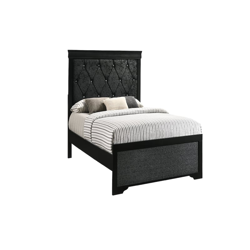 Modern Black Twin Size Panel Bed with Upholstered Headboard and Button Tufted Details